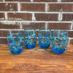 Hand-painted stemless wine water blue glasses with marine design Set of 4